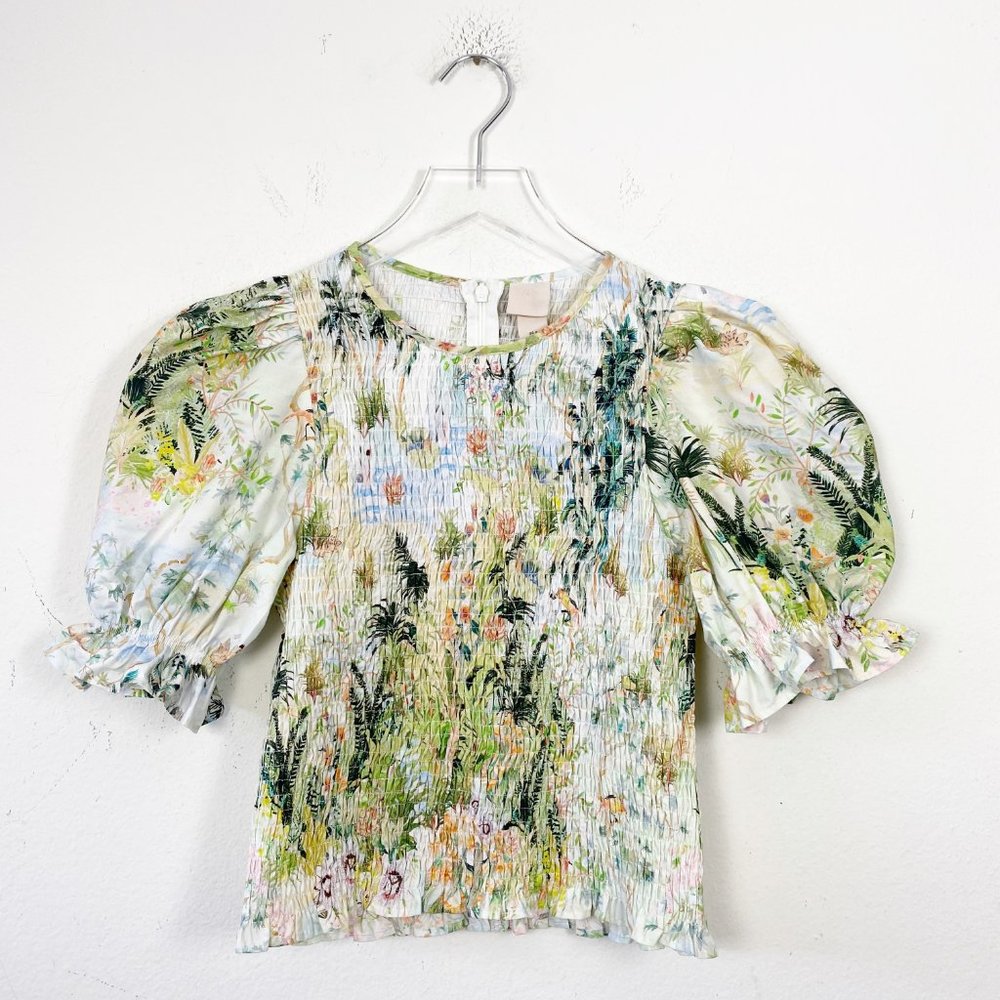 H&M Floral Puff Sleeve Crop Top in Green, White, Yellow